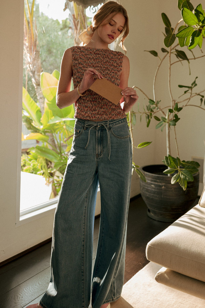 Tie Waist Wide Leg Denim Jeans