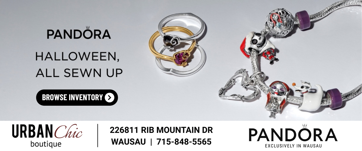 Promotional banner for Pandora Halloween jewelry, showing several silver-toned charms with skull, cat, and purple bead details, alongside a few rings. Text reads 'PANDORA HALLOWEEN, ALL SEWN UP' with a 'BROWSE INVENTORY' button.