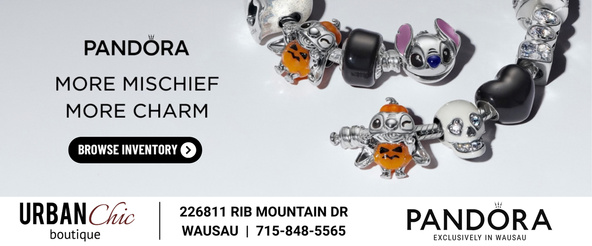 Promotional banner for Pandora jewelry featuring several silver charm beads with cartoon characters, including Stitch, Mickey Mouse, and a pumpkin figure, alongside text reading 'PANDORA MORE MISCHIEF MORE CHARM' and store contact information.