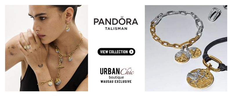 Pandora Talisman jewelry collection advertisement featuring a model wearing gold and silver chain necklaces, rings, and earrings on the left, and close-up views of chunky chain bracelets and a leather bracelet with round gold-toned talisman charms on the right. 