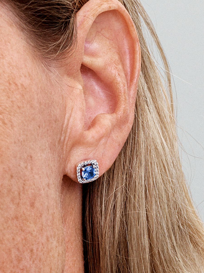 Sparkling Square Blue Halo Stud Earrings