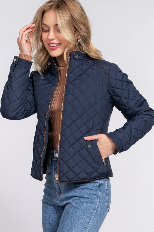 Rachel Suede Trim Quilted Jacket - Navy