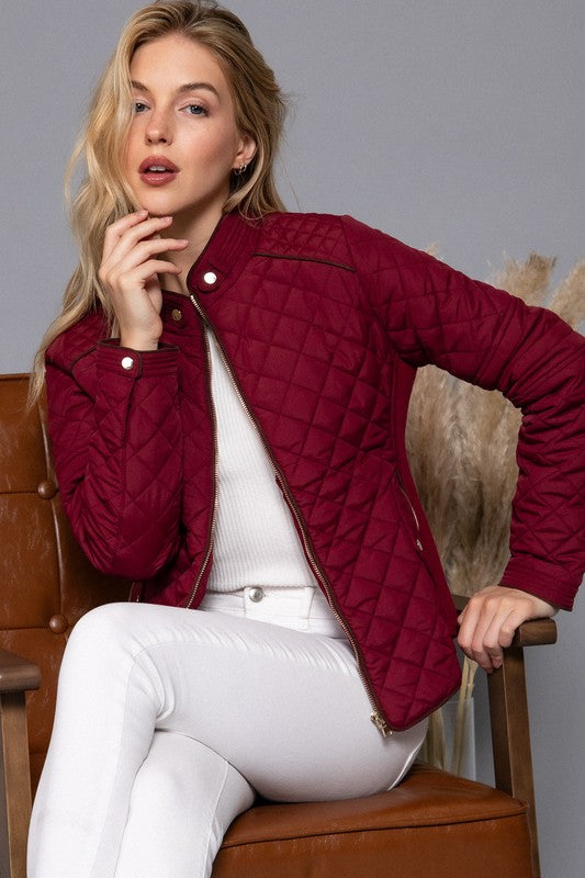 Rachel Suede Trim Quilted Jacket - Wine