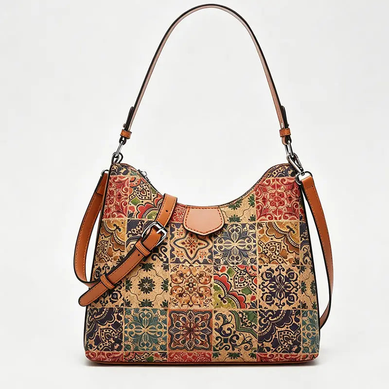 multi-colored tile print handbag