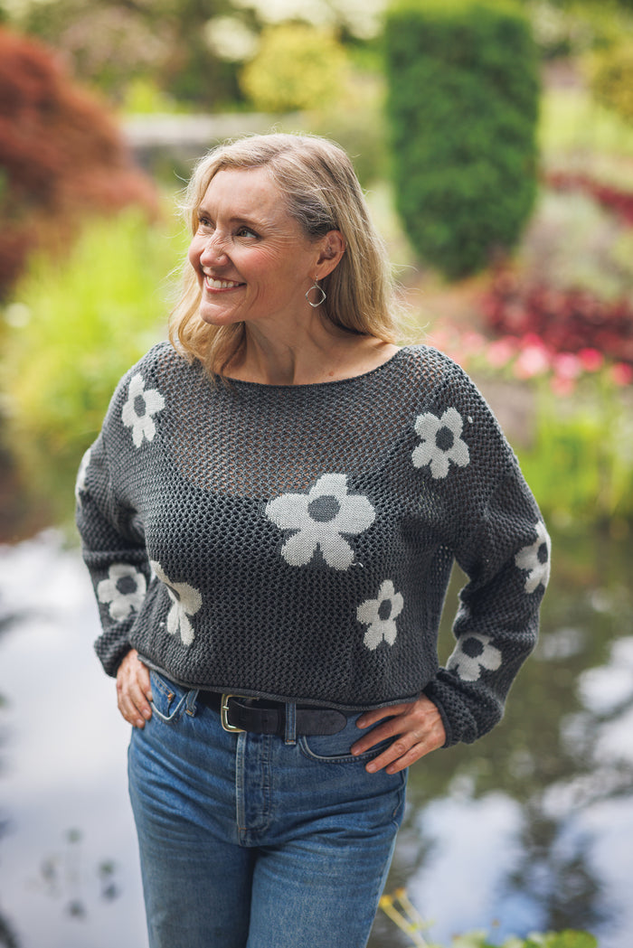 Rylee Open Knit Daisy Sweater - Charcoal