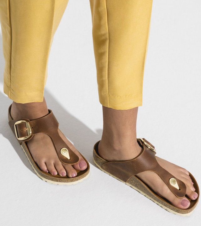 Birkenstock Gizeh Big Buckle Oiled Leather Sandals - Cognac (Regular/Wide)