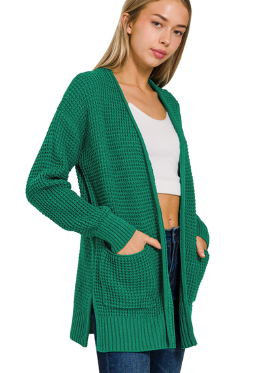 Selena Waffle Knit Open Front Cardigan - Green