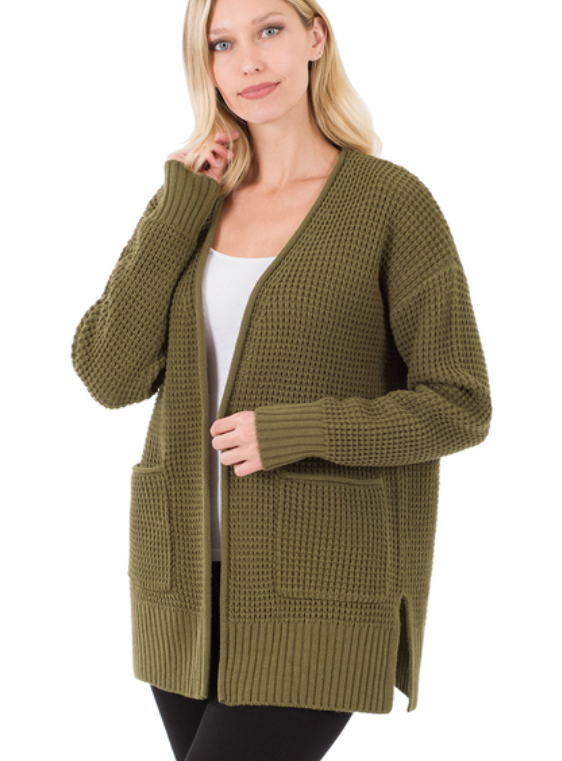 Selena Waffle Knit Open Front Cardigan -  Dusty Olive