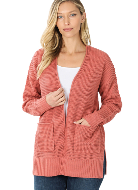 Selena Waffle Knit Open Front Cardigan -  Ash Rose