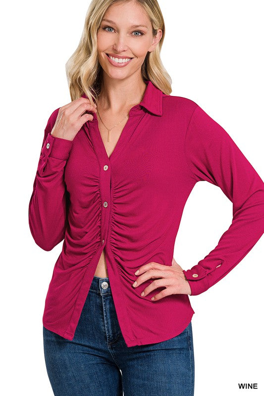 Shelly Button Down Ruched Top - Wine