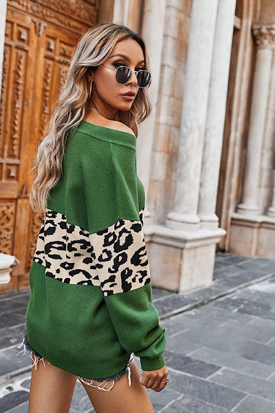 Simone Leopard Print Color Block Sweater - Green