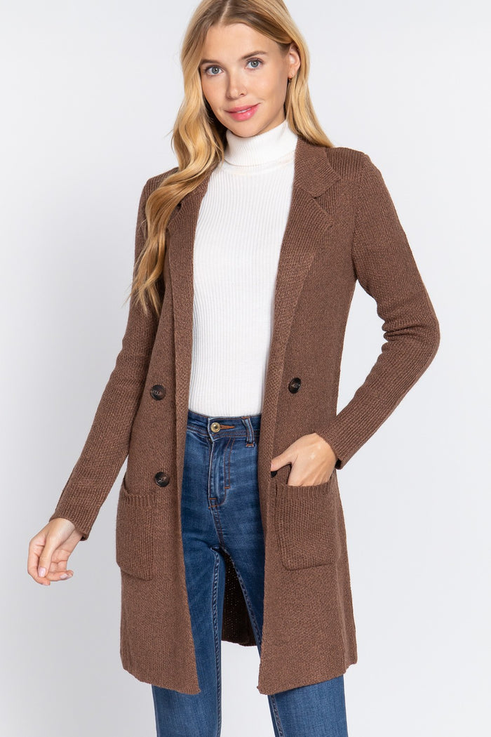 brown cardigan with a jacket-like silhouette