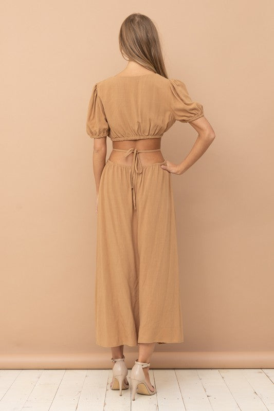 Sofia Puff Sleeve Cutout Maxi Dress - Camel