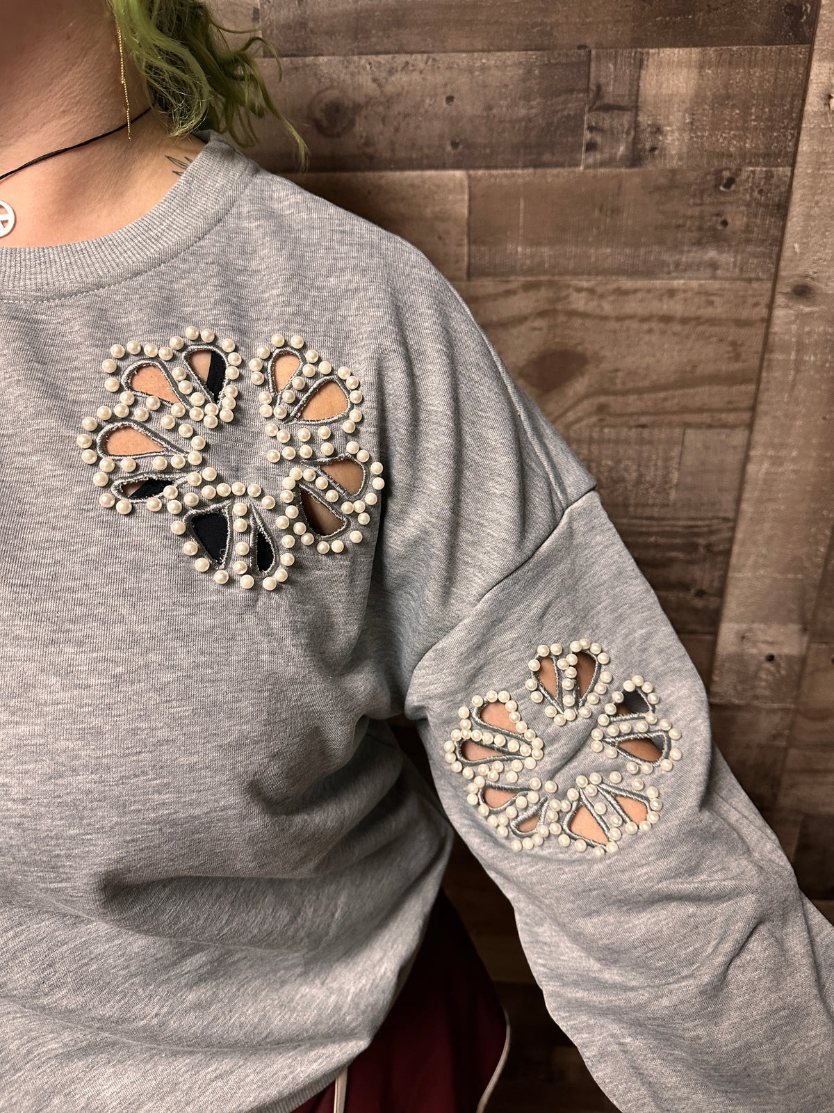 Teagan Beaded Flower Cutout Sweatshirt