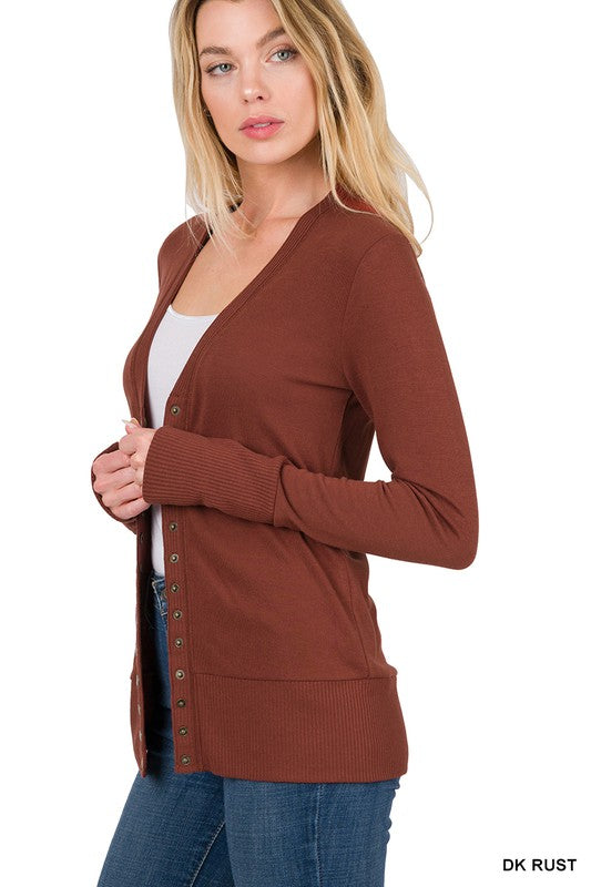 Torie Ribbed Detail Snap Button Cardigan - Dark Rust