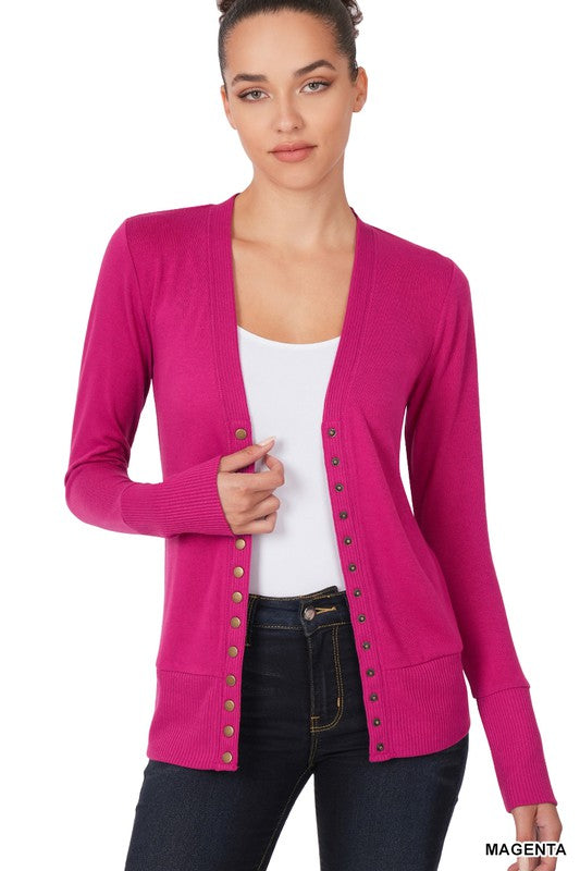 Torie Ribbed Detail Snap Button Cardigan - Magenta