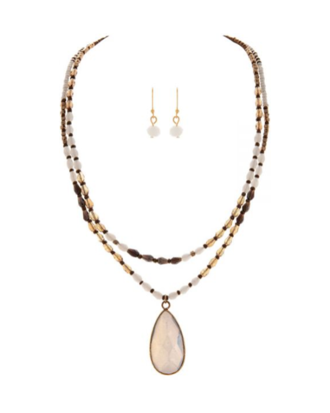 Gold White Glass Pendant Necklace Set