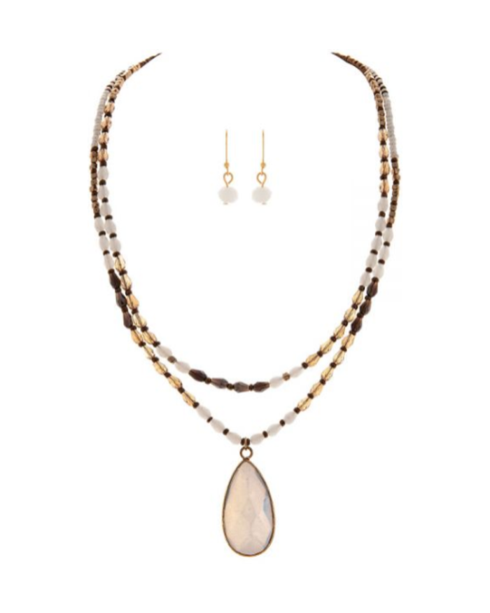 Gold White Glass Pendant Necklace Set
