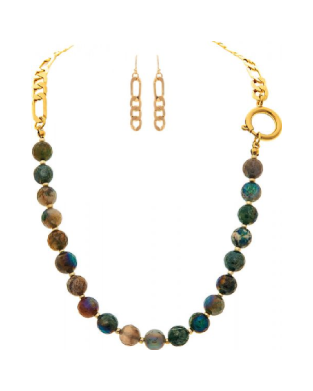 Gold Chain Bead Ring Clasp Necklace Set