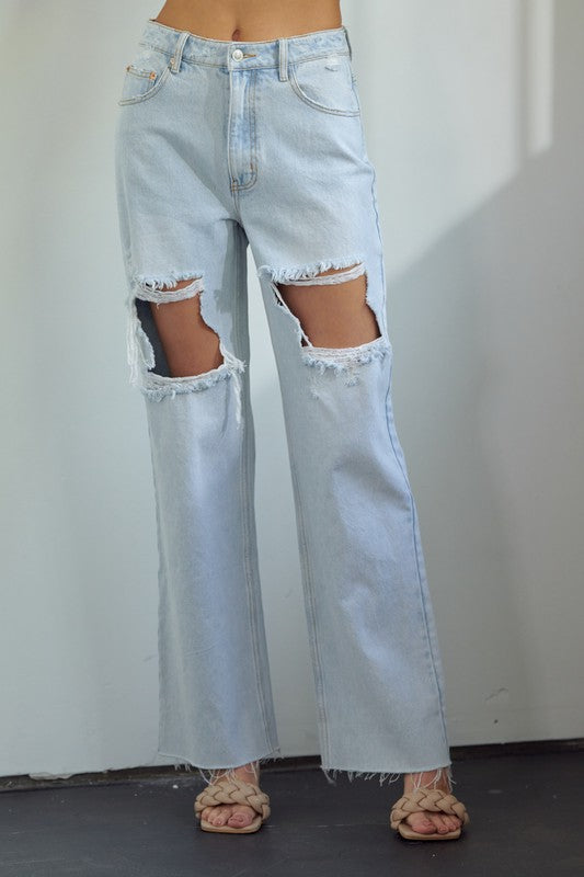 Gayle High Rise Ripped Straight Leg Jeans - Light Wash