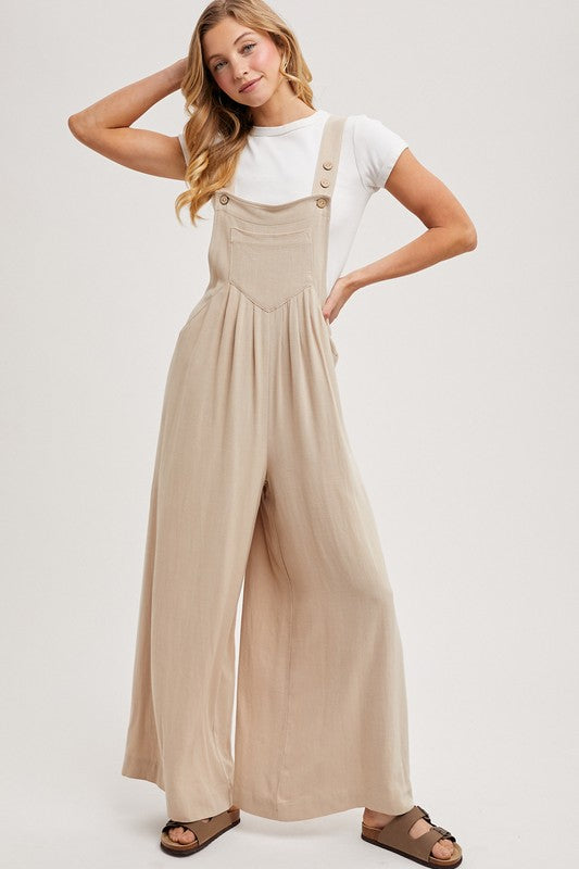 Esther Wide Leg Overall Jumpsuit - Beige