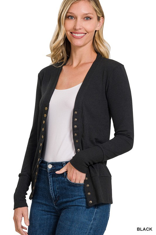 Torie Ribbed Detail Snap Button Cardigan - Black