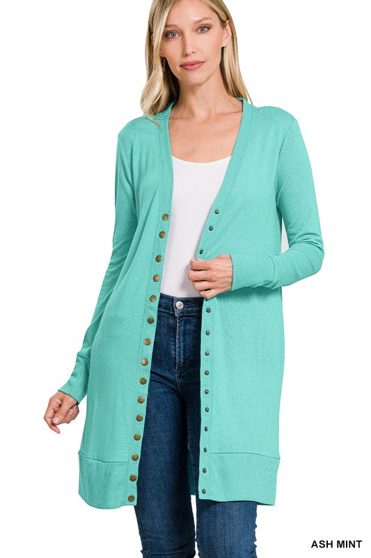 Snap Button Longline Cardigan - Ash Mint