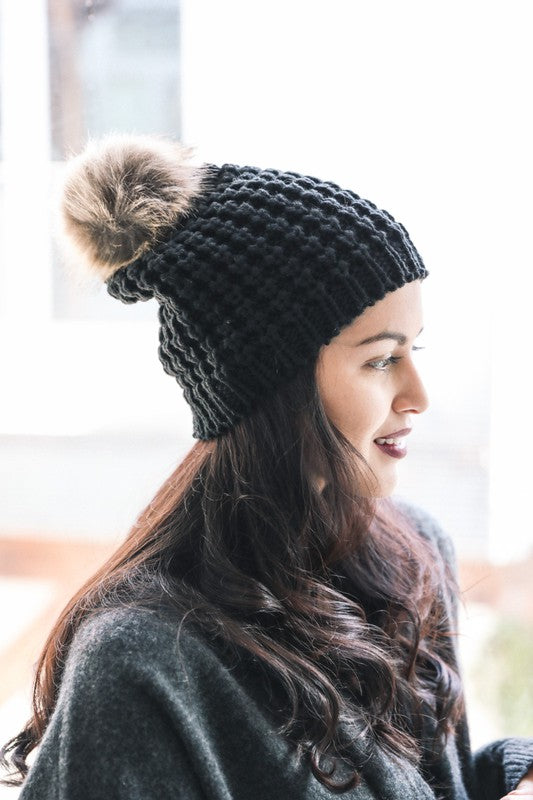 Kyra Waffle Knit Pompom Hat