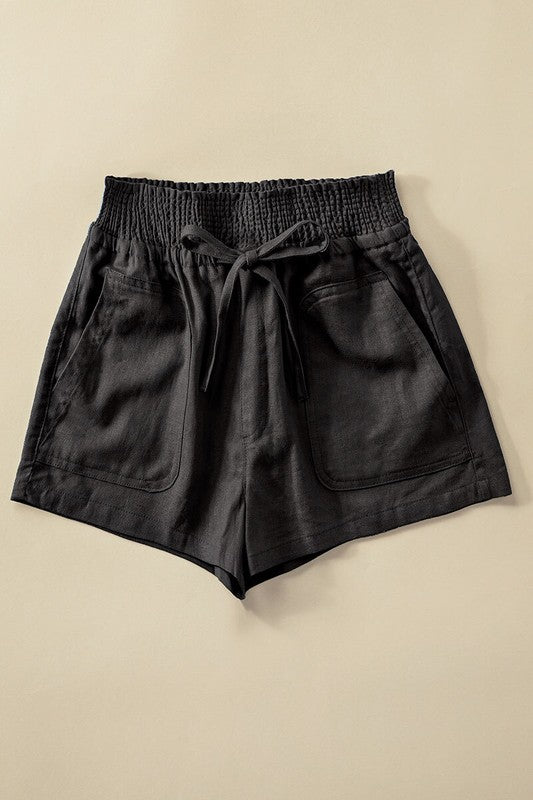 Leila Smocked Drawstring Shorts - Black