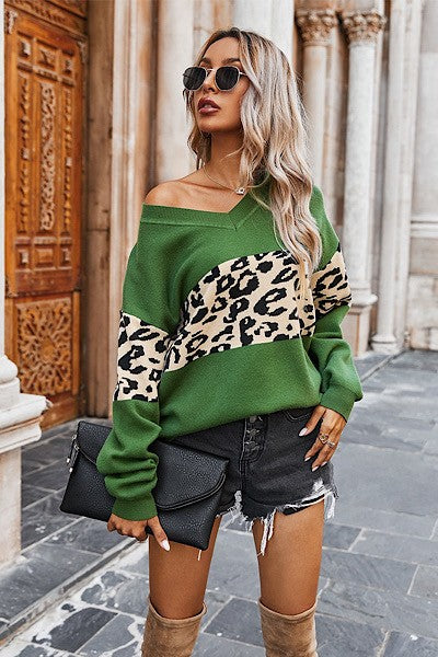 Simone Leopard Print Color Block Sweater - Green