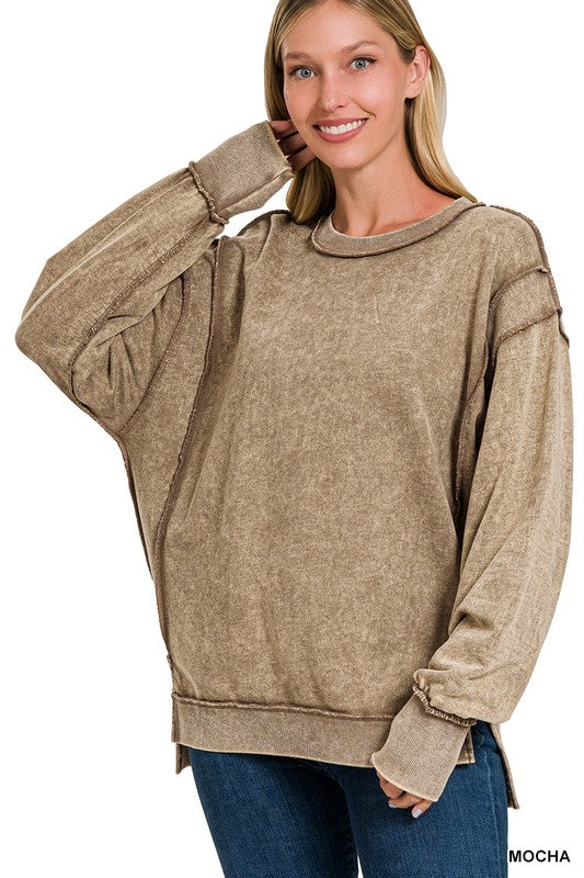 Kelsey Acid Wash Exposed Seam Sweatshirt - Mocha