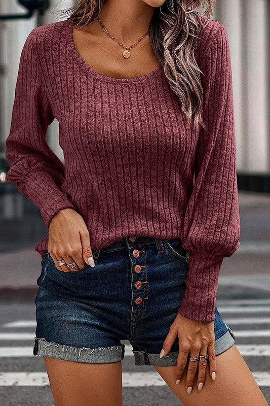Ruby Lantern Sleeve Ribbed Knit Top