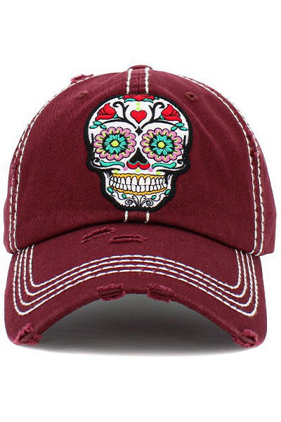 Sugar Skull Embroidered Distressed Cap