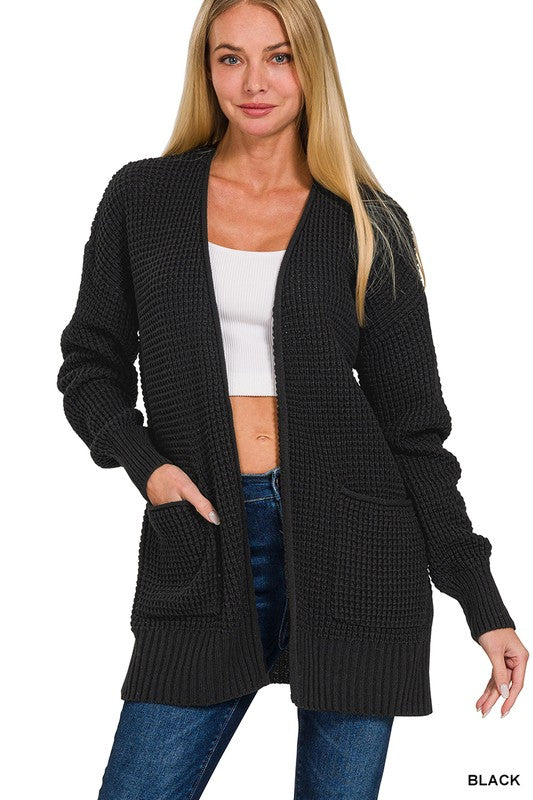 Selena Waffle Knit Open Front Cardigan - Black