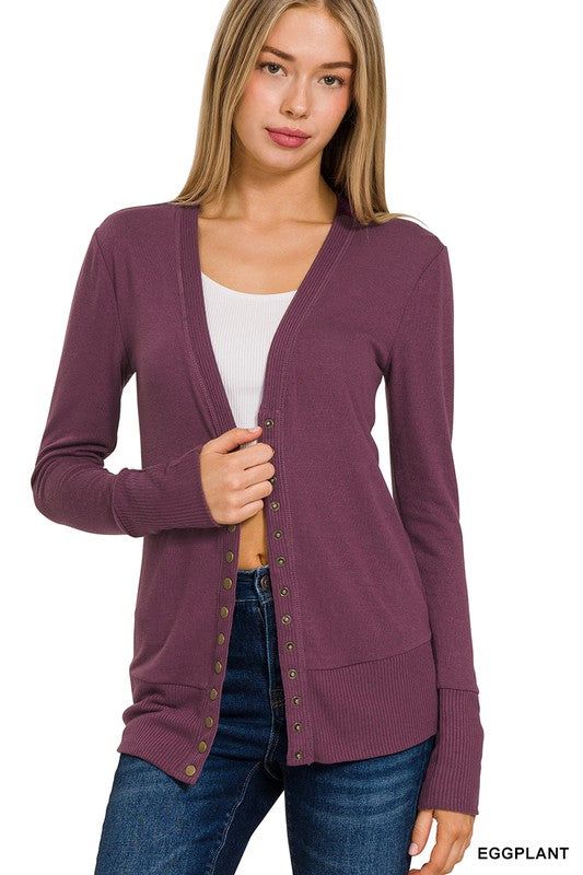 Torie Ribbed Detail Snap Button Cardigan - Eggplant