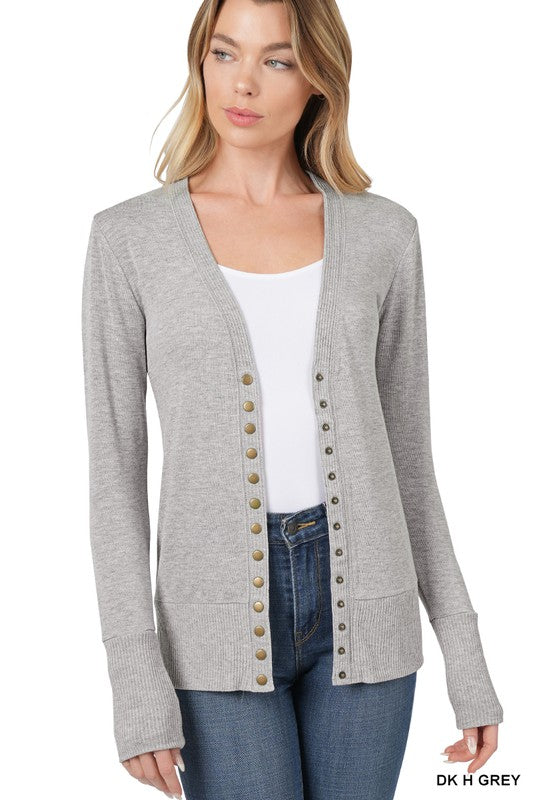 Torie Ribbed Detail Snap Button Cardigan - Gray