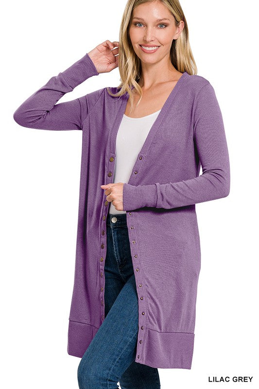 Snap Button Longline Cardigan - Lilac