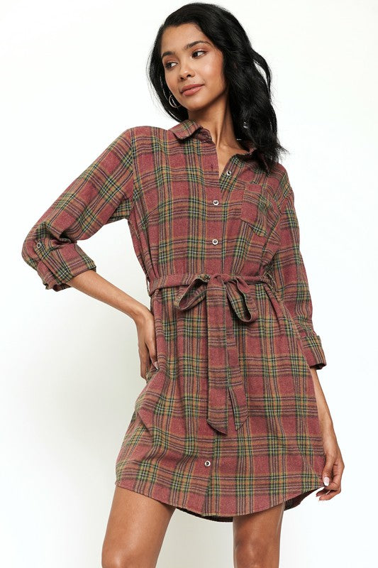 Gracie Bleach Dye Plaid Shirtdress