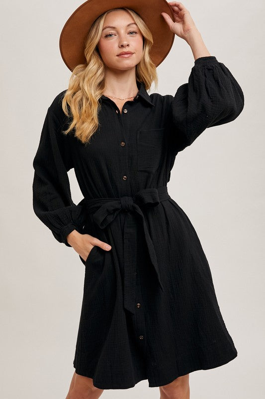 Jayden Tie Waist Shirtdress - Black