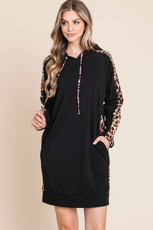 Roberta Leopard Trim Hoodie Dress - Black