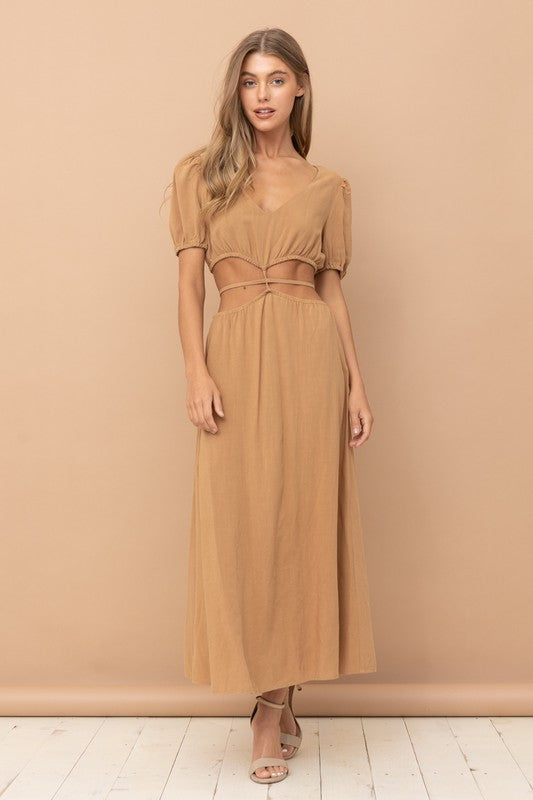 Sofia Puff Sleeve Cutout Maxi Dress - Camel
