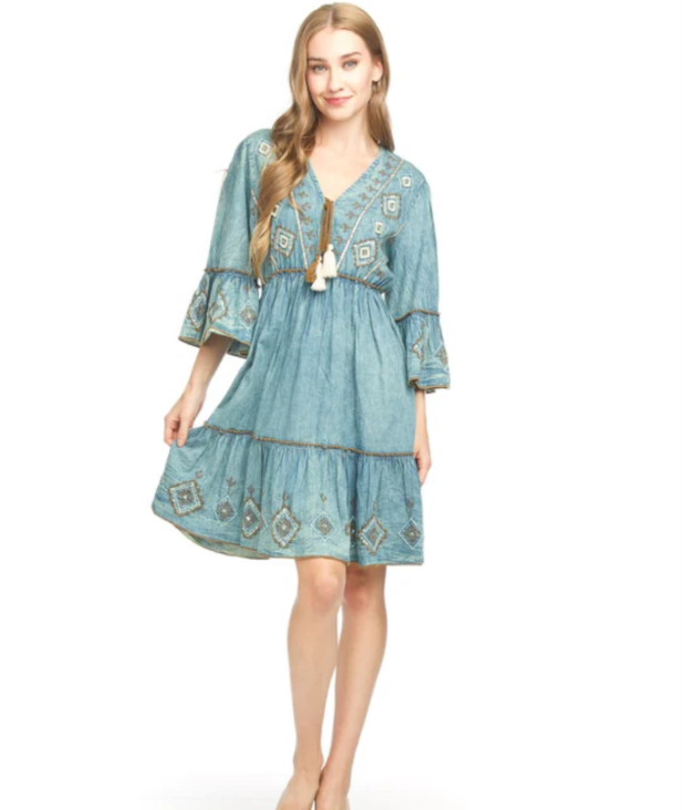 Sophia Embroidered Denim Bell Sleeve Dress