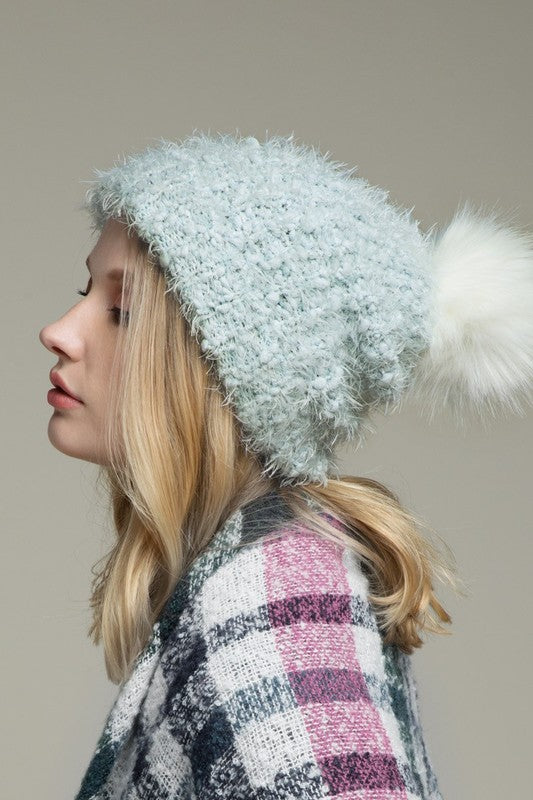 Iris Eyelash Knit Faux Fur PomPom Beanie