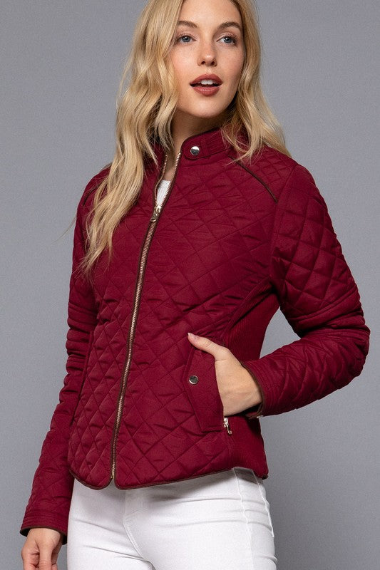 Rachel Suede Trim Quilted Jacket - Wine