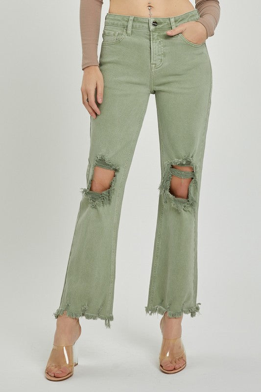 Lizzy Mid Rise Distressed Straight Leg Jeans - Olive