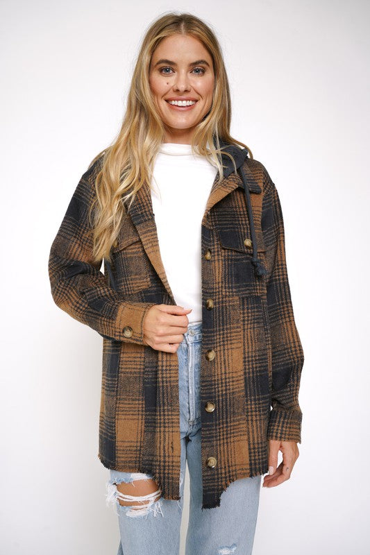 Kirsten Oversized Plaid Hooded Shacket - Tan