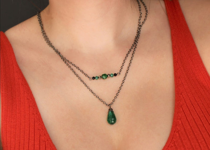 Green & Gunmetal Beaded Layered Necklace