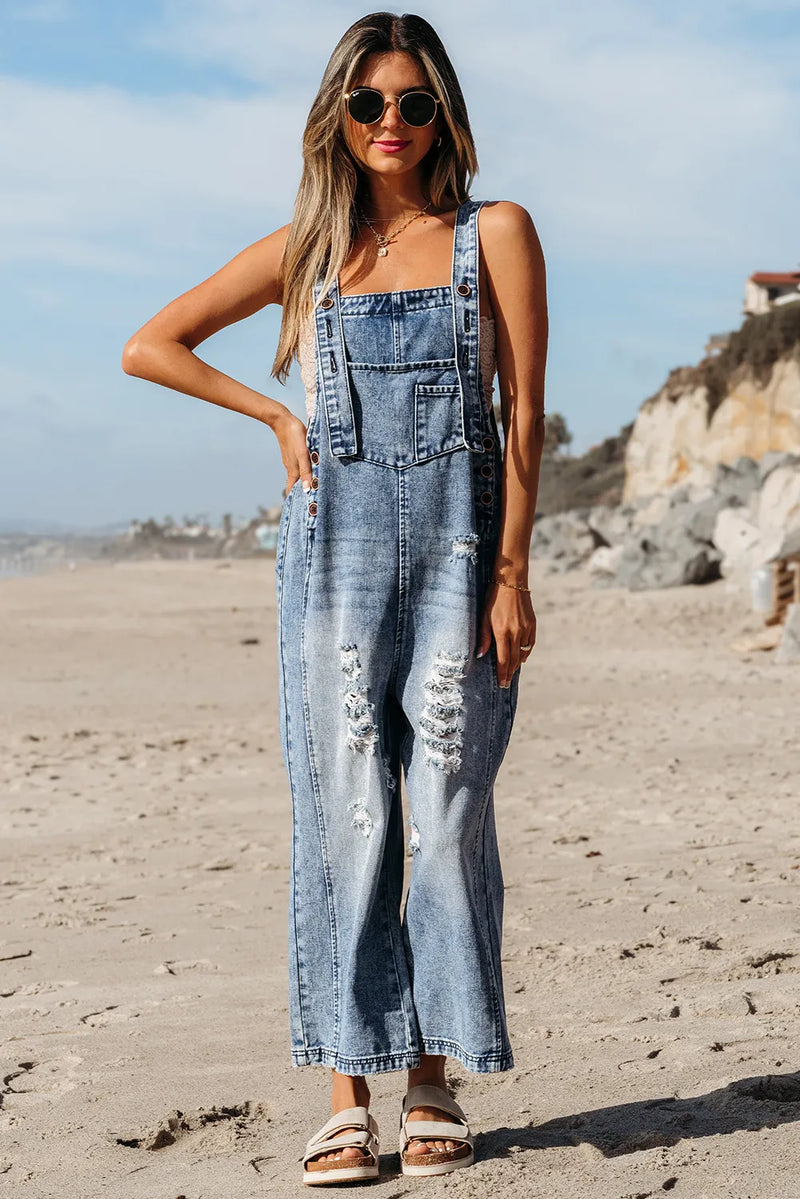 Sadie Distressed Wide Leg Overalls