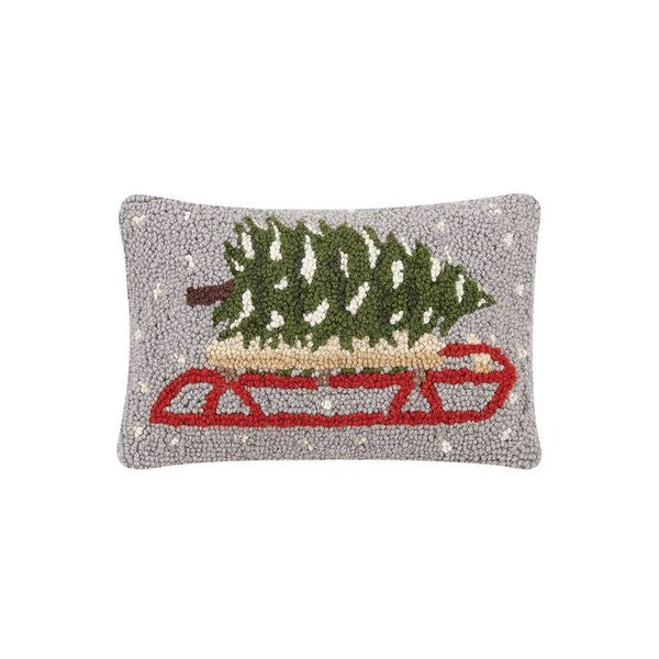 Tree On Sled Hooked Decorative Pillow