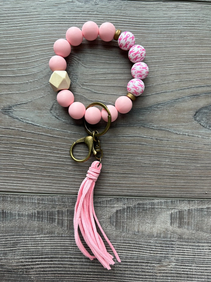 Breast Cancer Awareness Silicone Beaded Keychain Bracelet